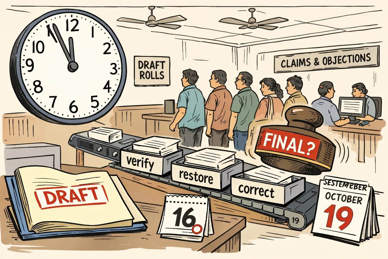 A draft voter-roll file sits beneath a ticking clock and an unpressed “FINAL?” stamp while papers move into trays marked “verify”, “restore” and “correct”; voters wait at a Telangana claims counter in the background.