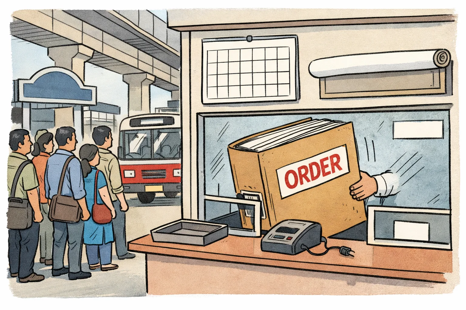 At a Hyderabad Metro ticket counter beside a TGSRTC bus, a huge file marked Order arrives while the ticket tray is empty, the calendar has no launch date and the fare board is covered.