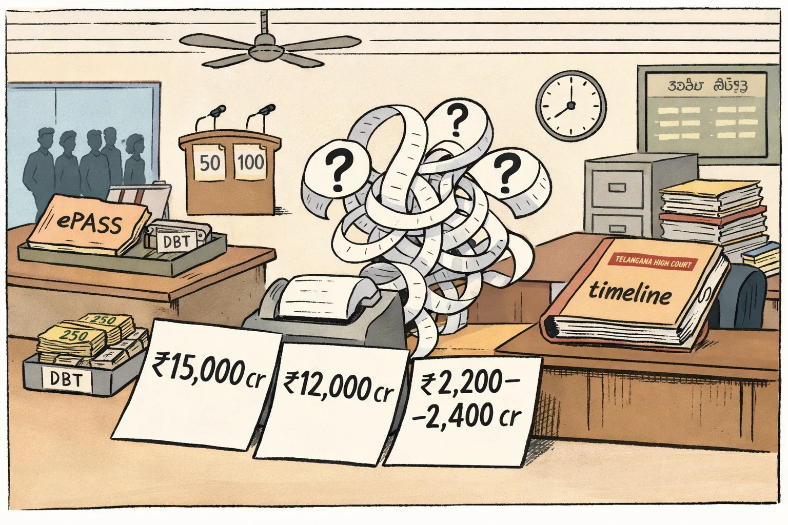 A tangled adding machine sits beside sheets marked ₹15,000 crore and ₹12,000 crore, while a smaller ₹2,200–2,400 crore sheet, an ePASS file, a DBT tray and a court file marked timeline appear on a Telangana government-office desk.
