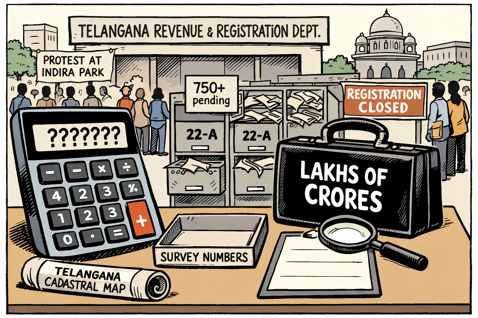 An oversized calculator and briefcase marked “lakhs of crores” sit beside an empty survey-number tray and blank land list outside a Telangana government office, with 22-A files and a courthouse in the background.