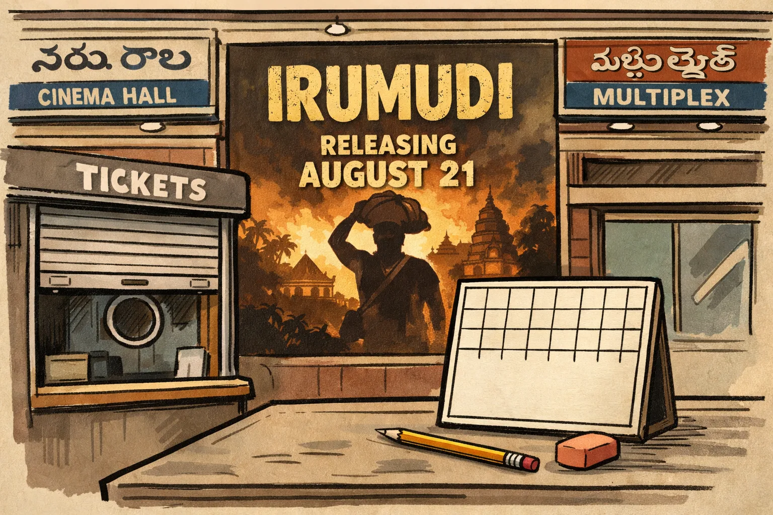 A cinema poster marked August 21 is pinned to a Hyderabad theatre wall while a pencil, eraser and blank ticket-booking board sit below it.