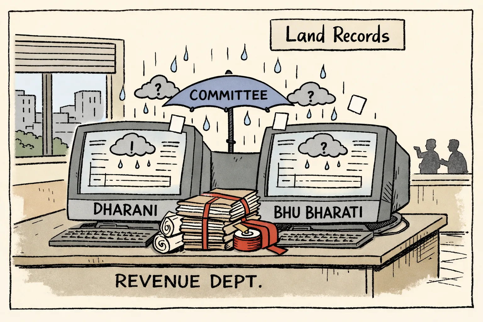Two labelled computer terminals, Dharani and Bhu Bharati, sit on a Telangana Revenue Department desk beneath one tiny umbrella labelled Committee, surrounded by land files and falling question marks.