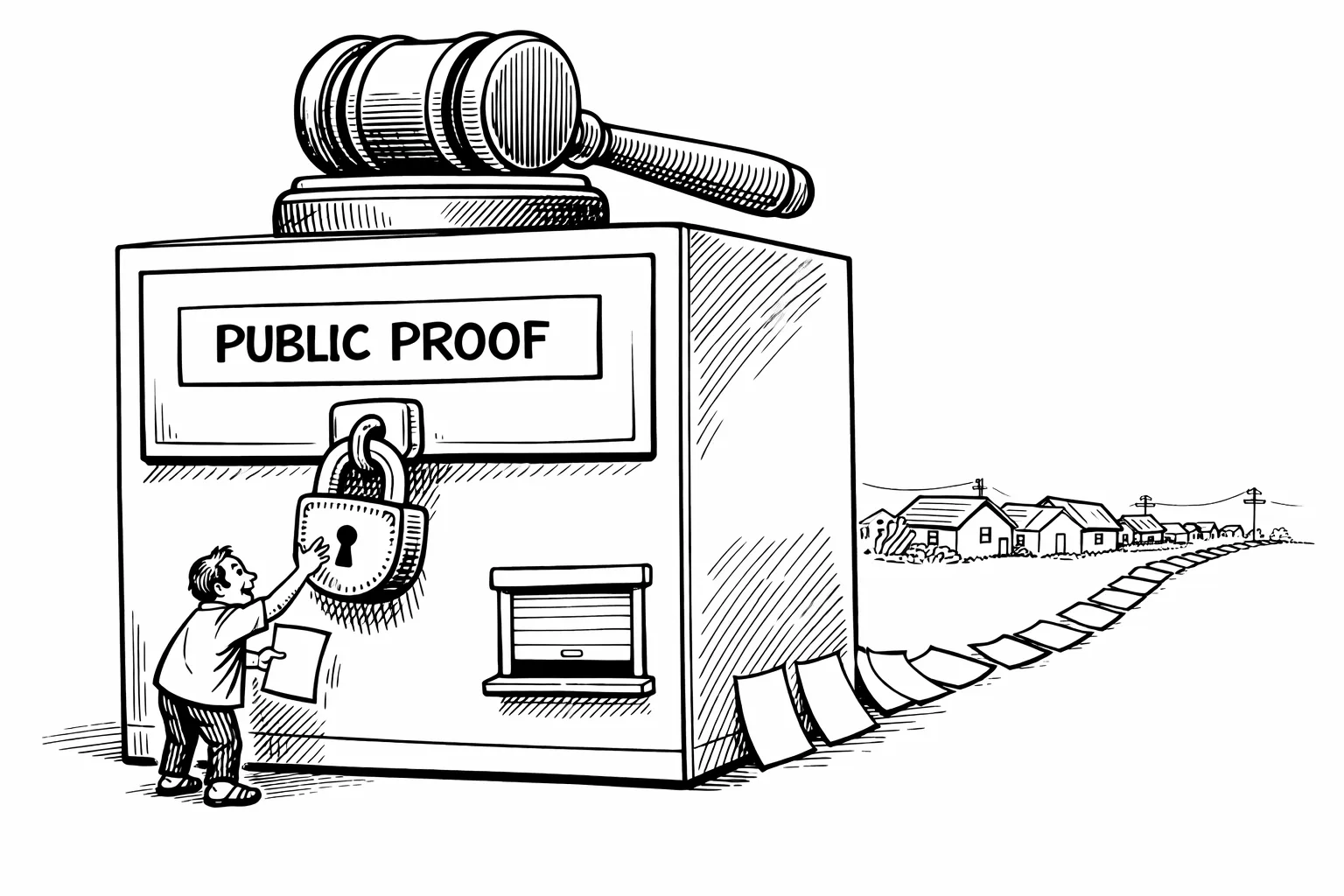 A giant locked filing cabinet labelled “PUBLIC PROOF” stands beneath a Supreme Court gavel, while a voter holding a claim form reaches toward the closed drawer.
