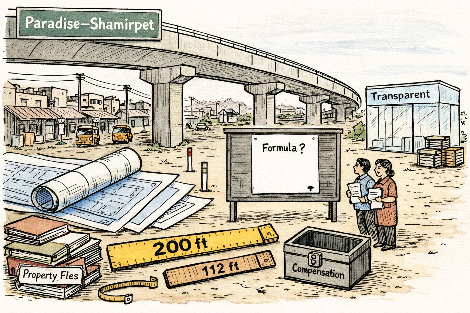 A long elevated-road blueprint runs across a Telangana street scene, ending at a blank compensation noticeboard while property files and measuring tapes pile up below.