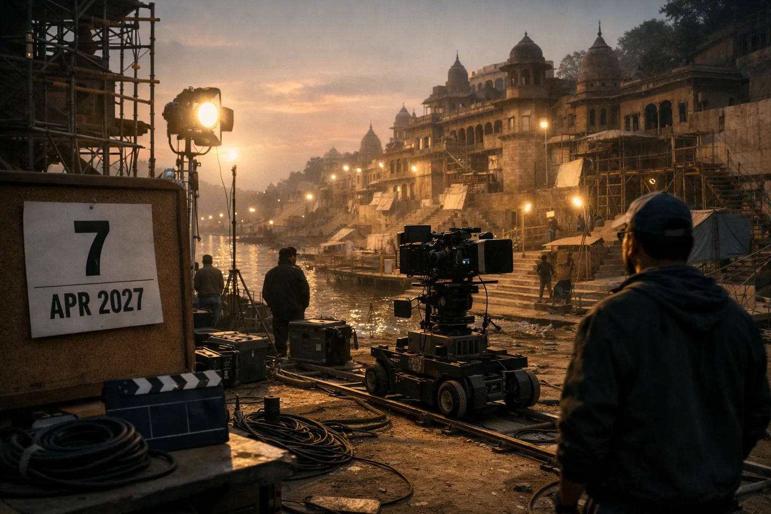 An unfinished Indian film set with scaffolding, cameras, lighting rigs and anonymous crew members, with a production board showing 7 April 2027.
