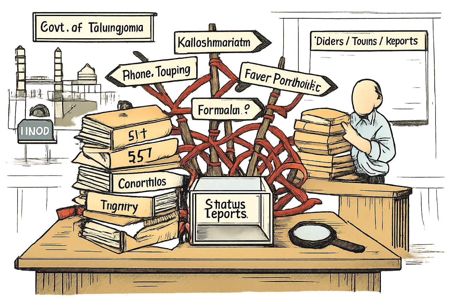 A Telangana government office desk is buried under folders labelled SIT, SET, Committee and Inquiry, with red tape forming a maze around an empty status-report box.
