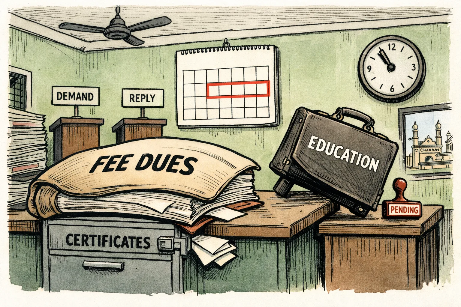 A Telangana government office desk is buried beneath an oversized file marked “Fee Reimbursement”, while a calendar, locked certificate drawer and unanswered deadline notice sit nearby; two empty political podiums point toward the desk.