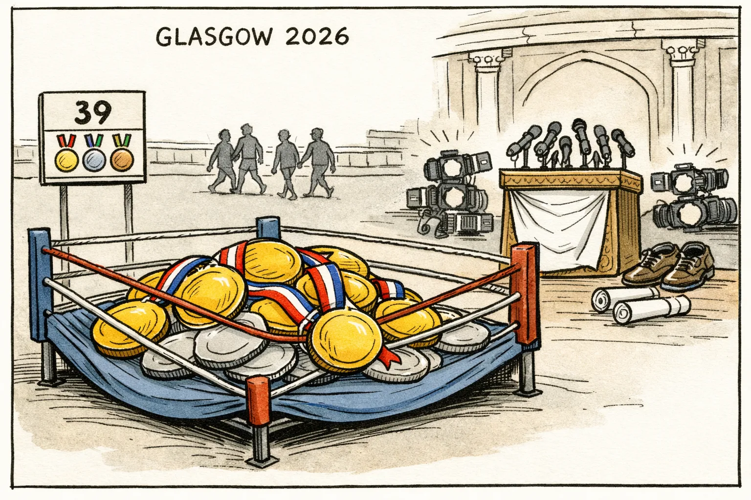 A boxing ring in a Glasgow arena holds seven gleaming gold medals, while a large empty press-conference podium marked Delhi waits outside the ropes; a scoreboard shows India’s medal tally at 39.