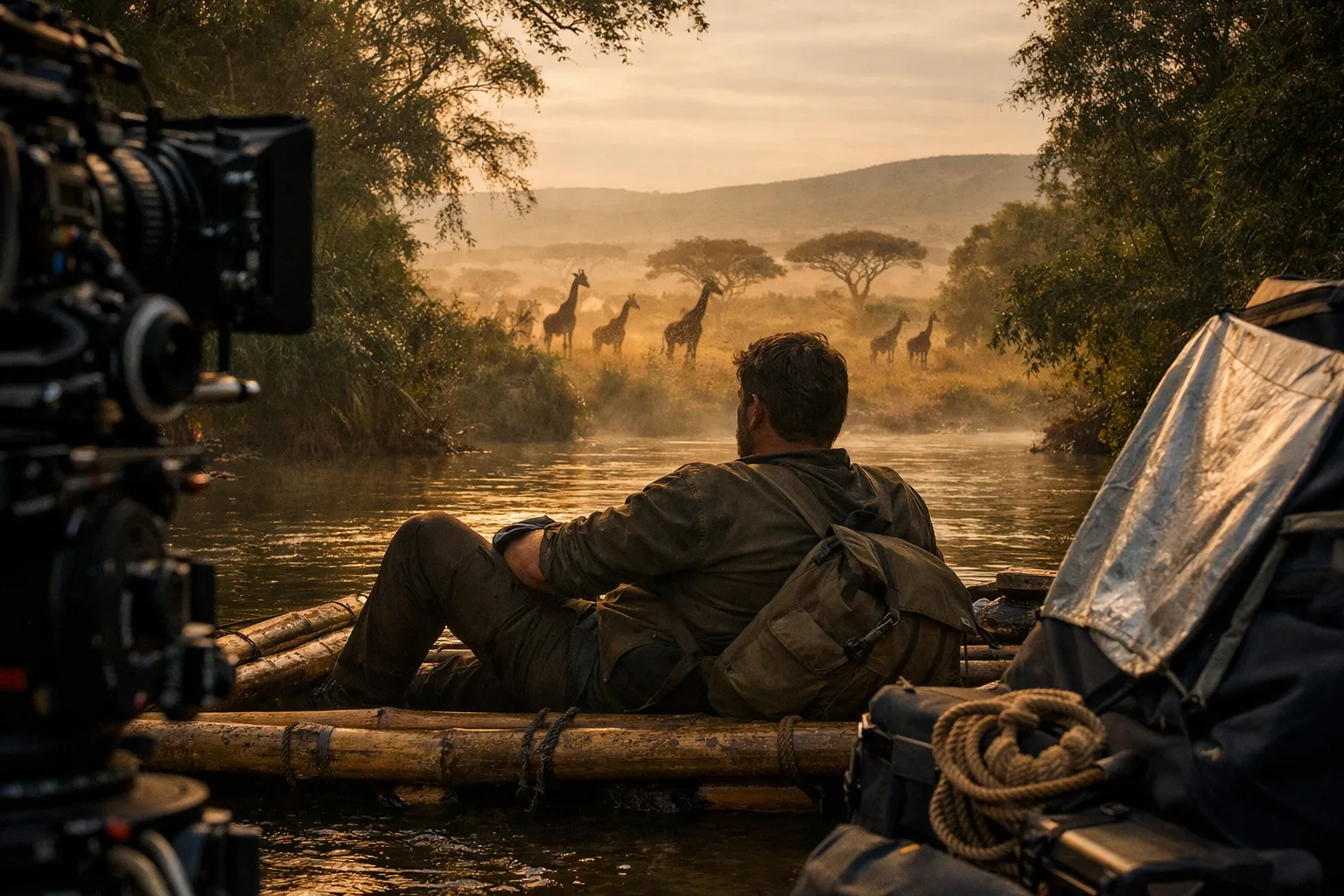 A cinematic photograph of an actor-like figure reclining on a bamboo raft in a lush African forest, with giraffes visible across a sunlit savanna in the background and film equipment at the edge of the frame.