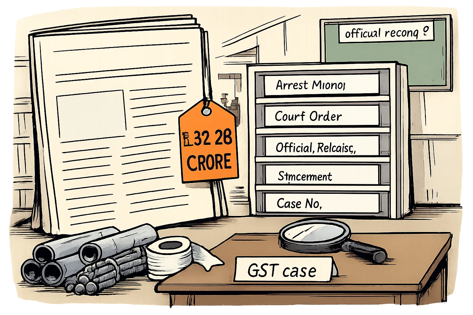 An oversized newspaper report labelled ₹32.28 crore stands on a government-office desk beside empty evidence slots for official documents, while a magnifying glass points at the gaps.