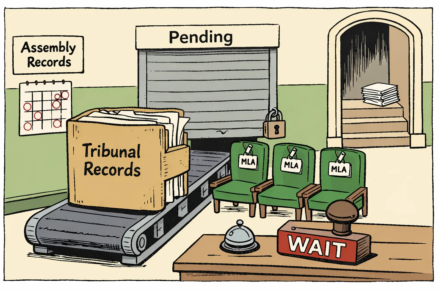 A Telangana Legislative Assembly file room with a large sealed folder marked “Tribunal Records” sitting on a conveyor toward a High Court bench, while three empty MLA chairs wait beside it and a calendar page shows repeated hearing dates.