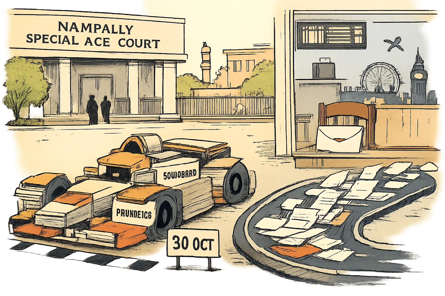 A stalled electric race car made of court files sits outside a Hyderabad courtroom beside an October 30 starting sign, while loose paperwork races ahead and an empty chair holds an unserved summons envelope.