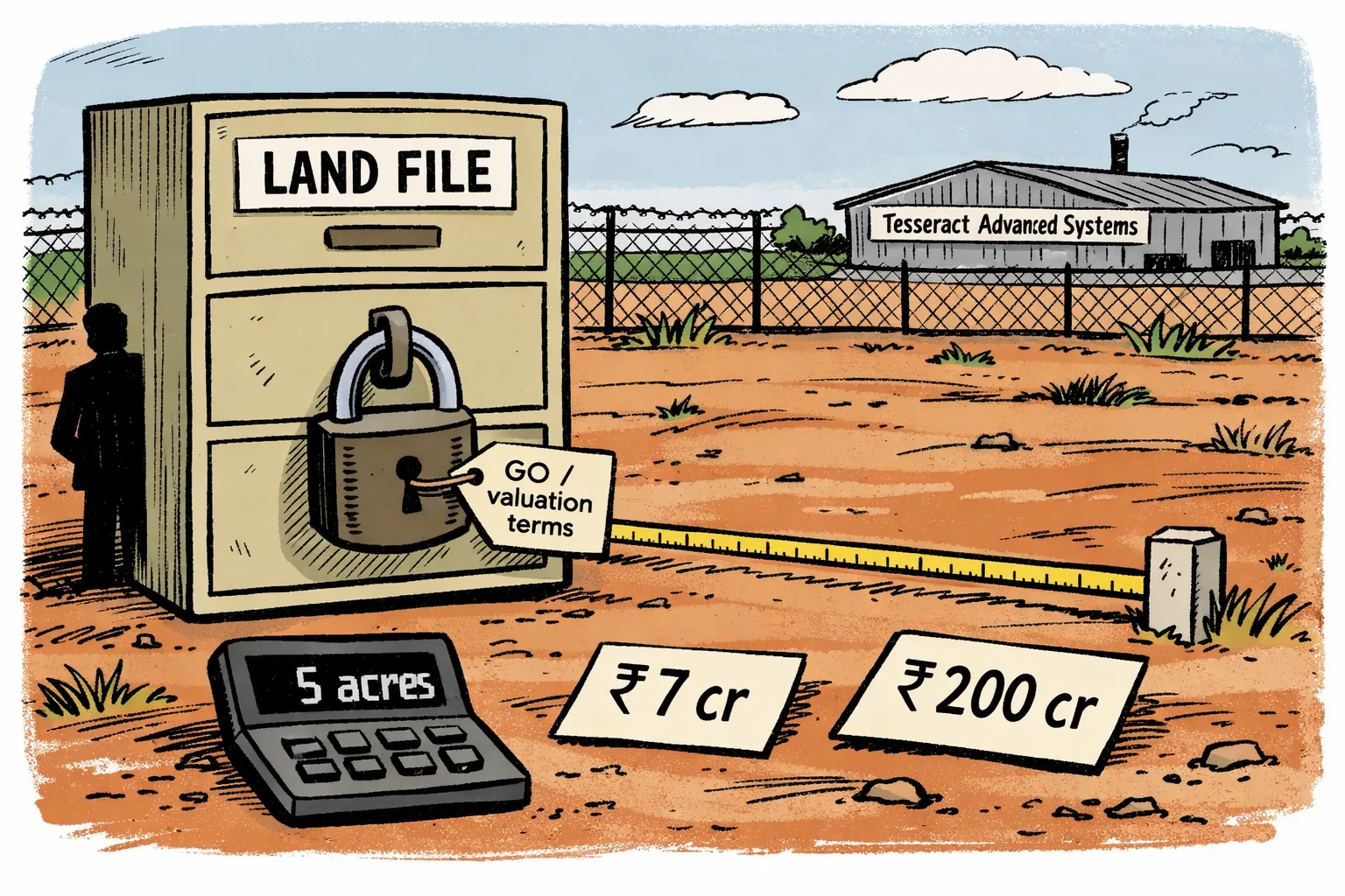 A locked Telangana Industries Department file cabinet stands beside a five-acre plot marked by a small survey board, while a calculator shows conflicting land values and a company nameplate sits nearby.