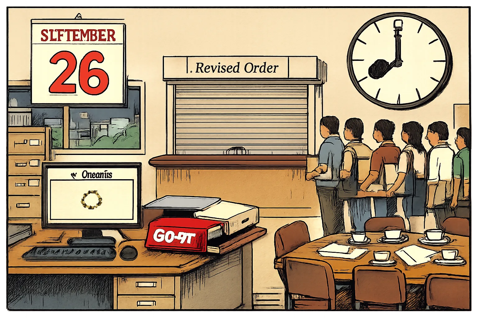 A government-office desk shows a file marked GO 97 stuck in a printer beside a computer loading symbol, while a queue waits outside a shuttered counter marked Revised Order and a calendar shows September 26.