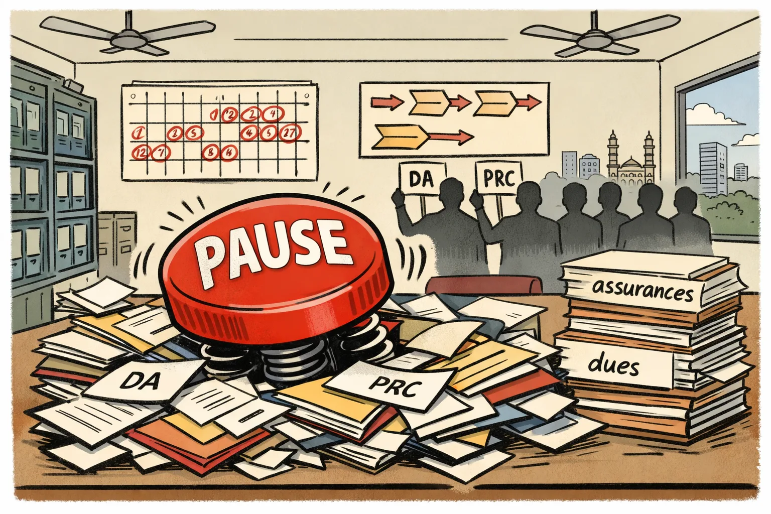 A large pause button springs back above overflowing DA and PRC files on a government desk, while anonymous employees stand beside a continuing protest timetable.