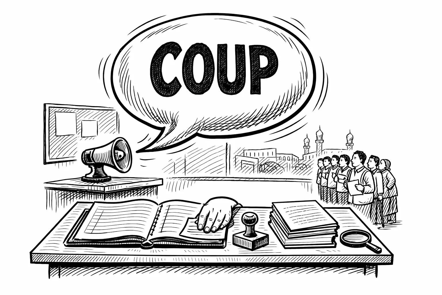 A huge speech balloon labelled “COUP” floats above a Telangana election-office desk, where a hand holds open a voter-roll ledger beside forms, a receipt stamp and a magnifying glass; a small queue of voters waits in the background.