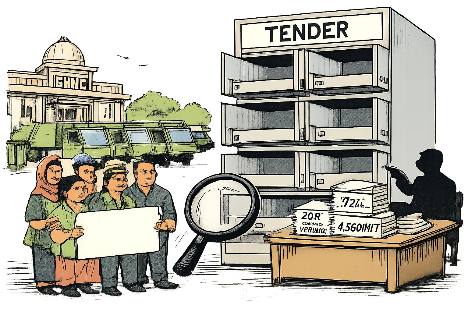 Sanitation workers and waste-collection vehicles stand outside a GHMC-style civic building beside a large empty filing cabinet labelled “TENDER”; documented service figures sit on a nearby desk while a magnifying glass searches the vacant drawers.