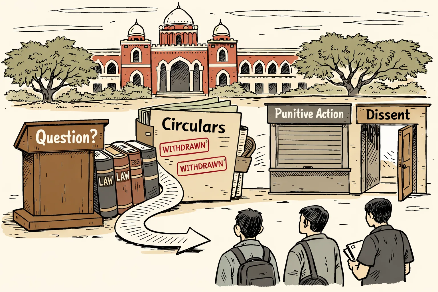 Outside a Hyderabad law campus, a withdrawn circular file spills a long constitutional footnote toward an open doorway labelled Dissent, beside a shuttered counter marked Punitive Action and a lectern marked Question?