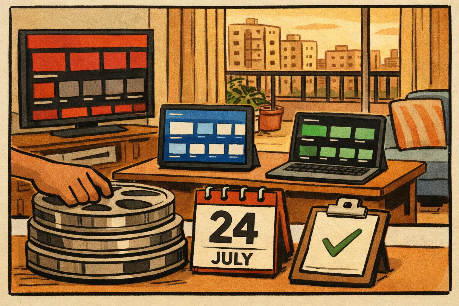 A hand-drawn illustration of three streaming platforms represented by generic television screens, with three film reels arriving at a Telangana apartment on the same Friday while a calendar shows July 24; a small clipboard marked “verified” sits beside an empty speech bubble.