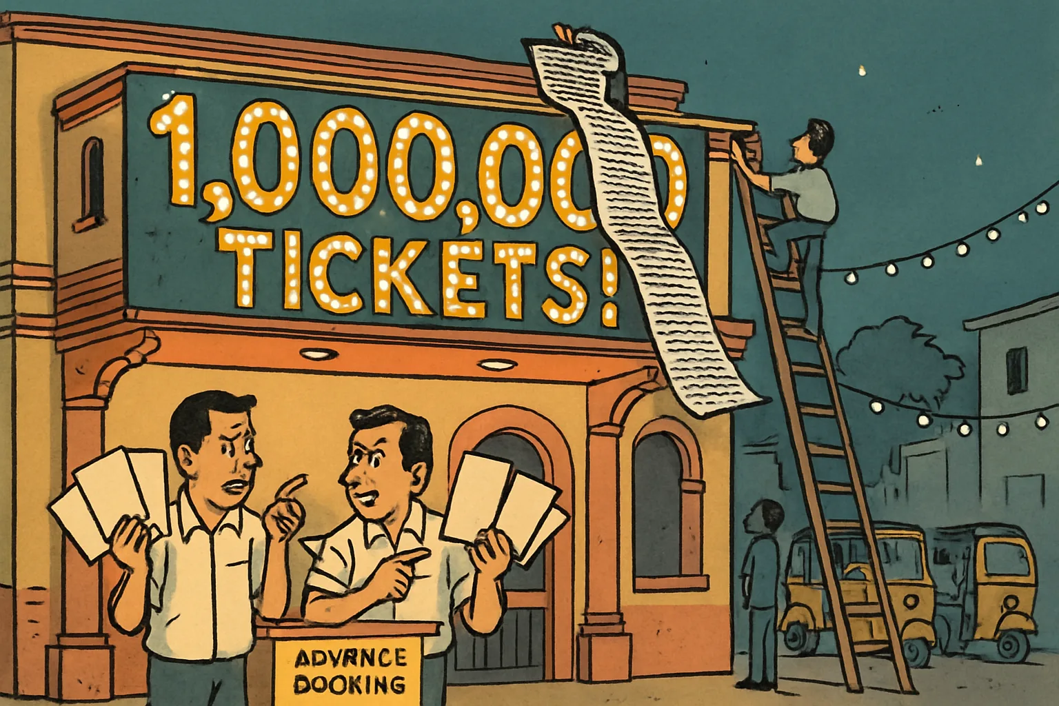 A cinema marquee reading '1,000,000 TICKETS!' is half-covered by a long unrolled strip of fine print, while two ticket clerks below argue, each holding up three blank movie-poster cutouts.