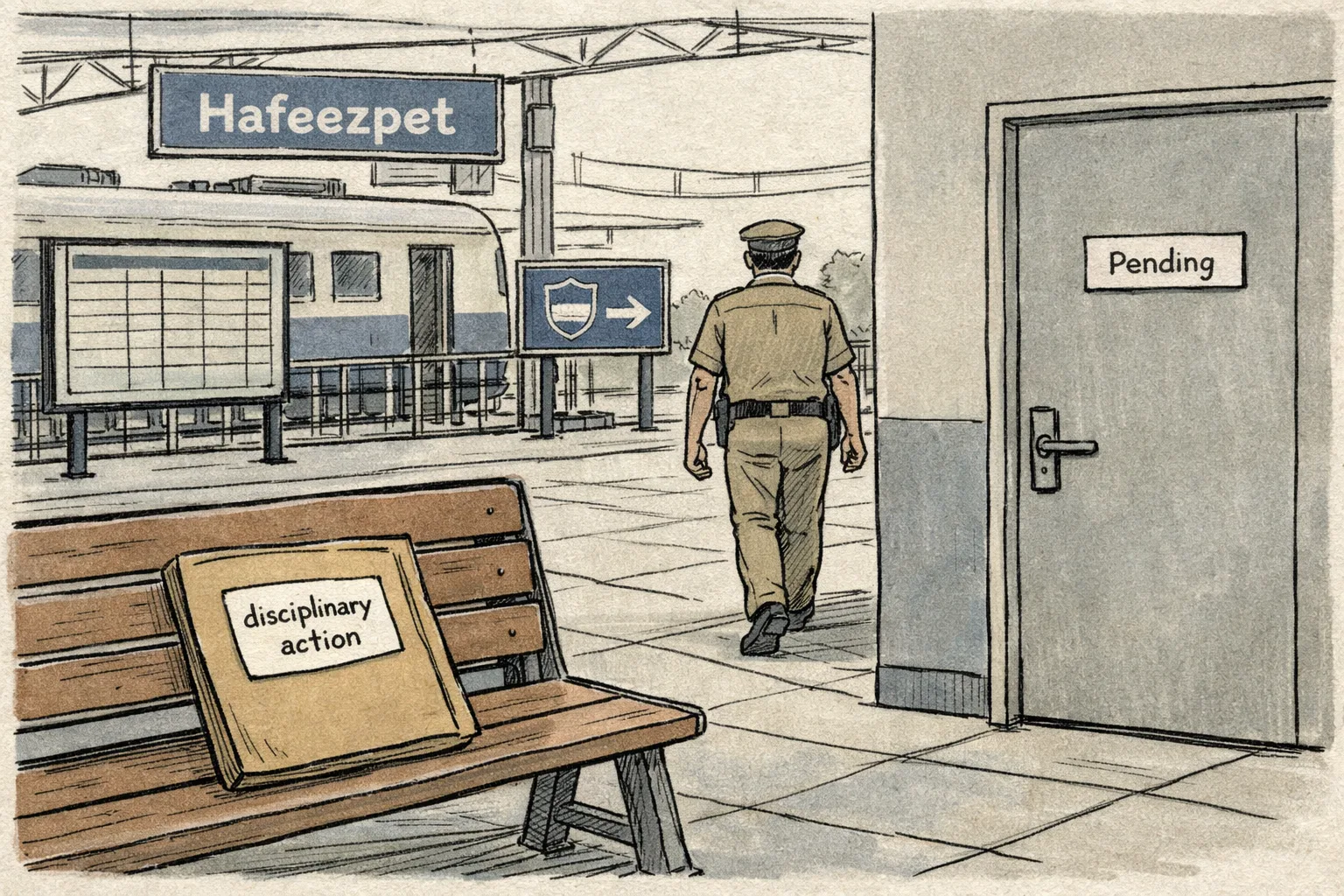 A sealed disciplinary-action file rests on a bench outside a closed office at Hafeezpet Railway Station while an unidentified uniformed figure walks away toward a department sign.