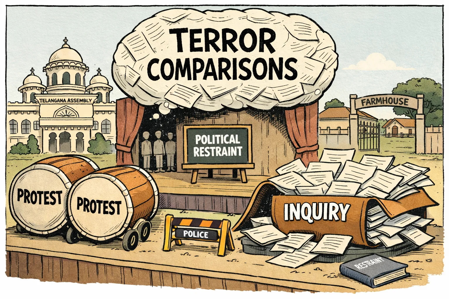 A Telangana political theatre shows oversized protest drums and a police inquiry file beneath a giant speech bubble reading “TERROR COMPARISONS”, while an unopened book titled “RESTRAINT” gathers dust beside an Assembly backdrop.