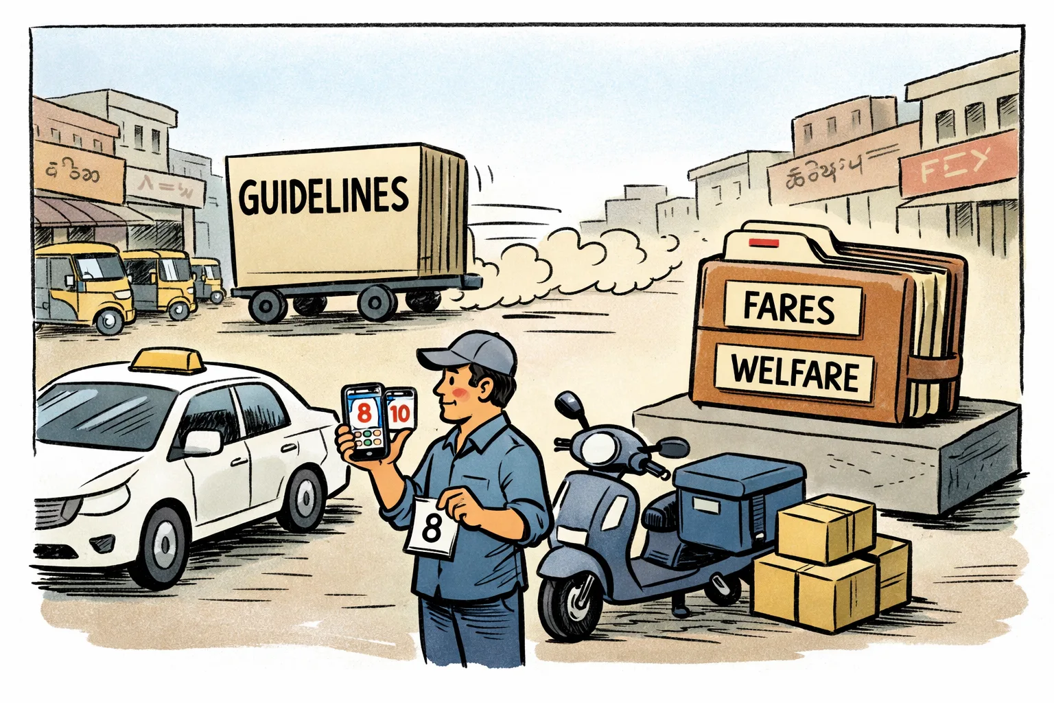 A Telangana app-based driver sits beside a parked cab and a delivery bag while a giant smartphone displays a calendar with two arrows pointing to August 8 and August 10; above it, a road sign marked “Guidelines” keeps sliding away on wheels.