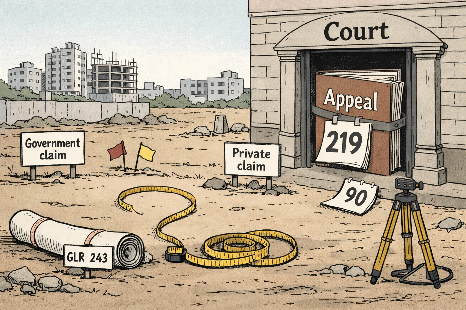 A cartoon shows an unmeasured land parcel in Lothukunta beside unused survey equipment, while a courthouse door closes on an appeal file marked by a 219-day calendar.