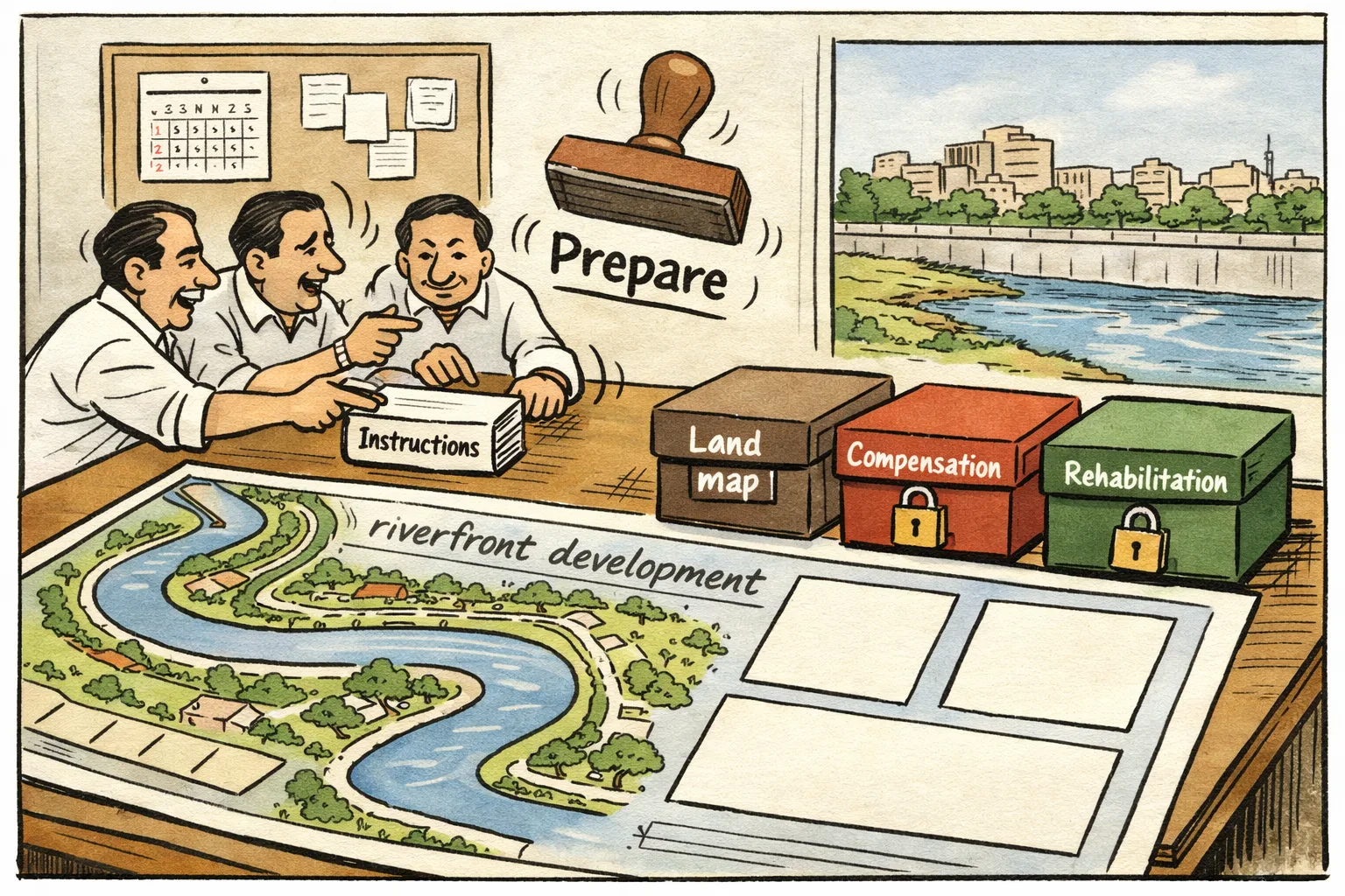 An editorial cartoon shows officials around a large Musi Riverfront blueprint while three sealed files labelled Land map, Compensation and Rehabilitation sit untouched beside papers marked Instructions.