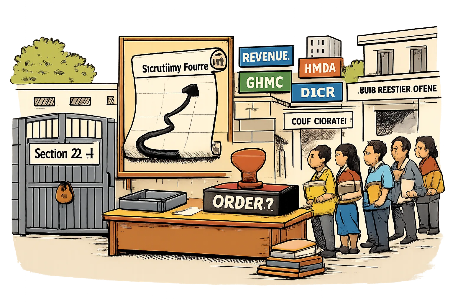 A queue of property owners stands outside a locked Telangana registration office while a giant scrutiny route ends beneath a noticeboard with an unused order stamp.