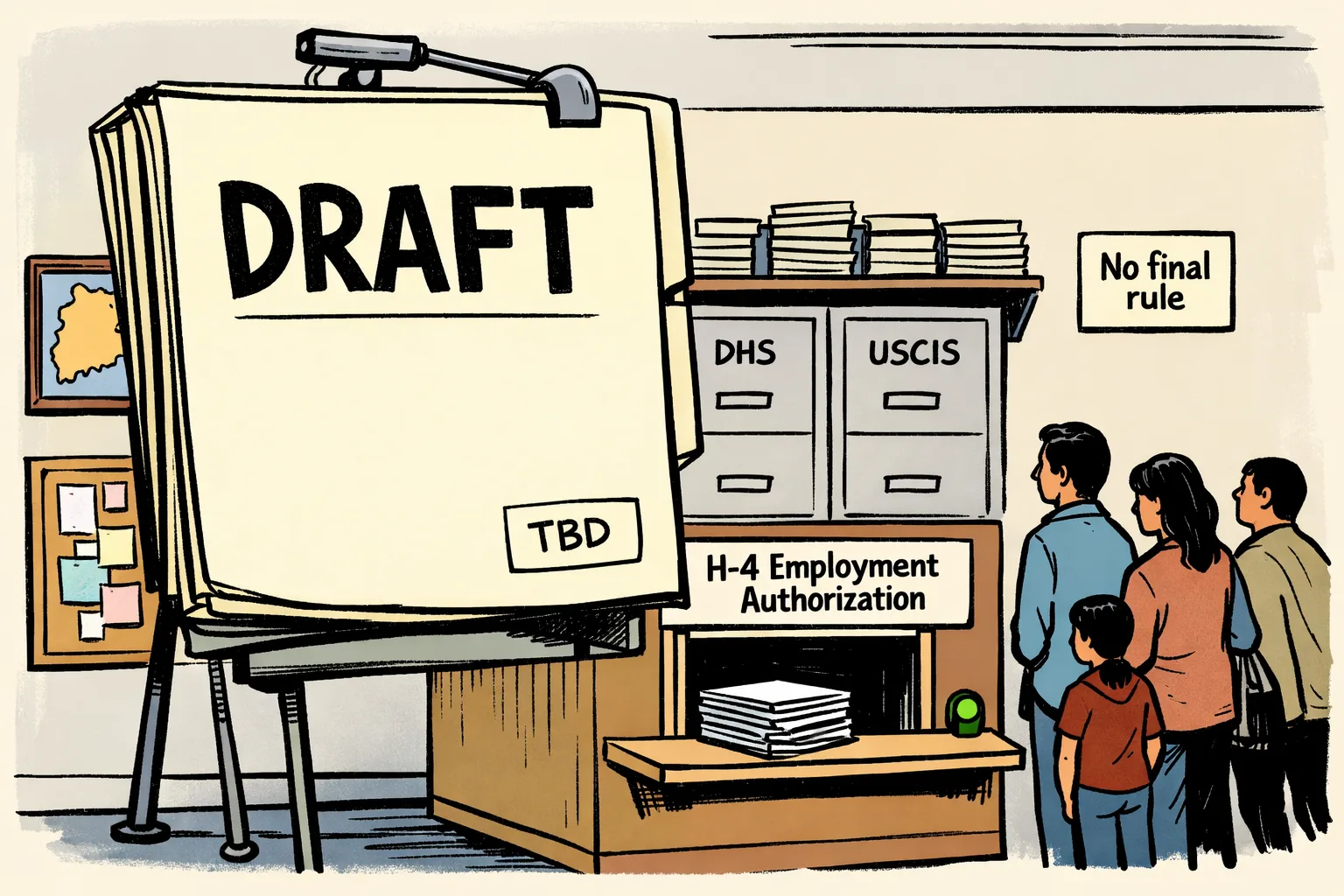 A giant unfinished document marked “DRAFT” hangs over a waiting-room permit counter, while an open counter and untouched forms remain below it.