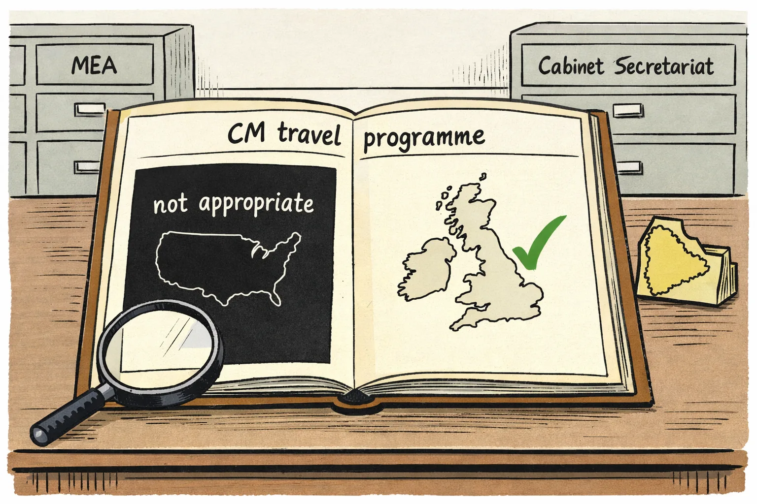 An open government travel folder shows a US page covered by a black panel marked “not appropriate” and a UK page with an approval tick, while a magnifying glass reveals no explanation.