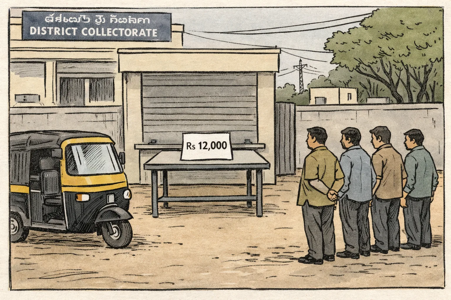A parked auto-rickshaw stands beside a large government file marked with a small promise-paper tag, while a closed welfare-board office window and a waiting line of indistinct drivers appear outside the Karimnagar Collectorate.