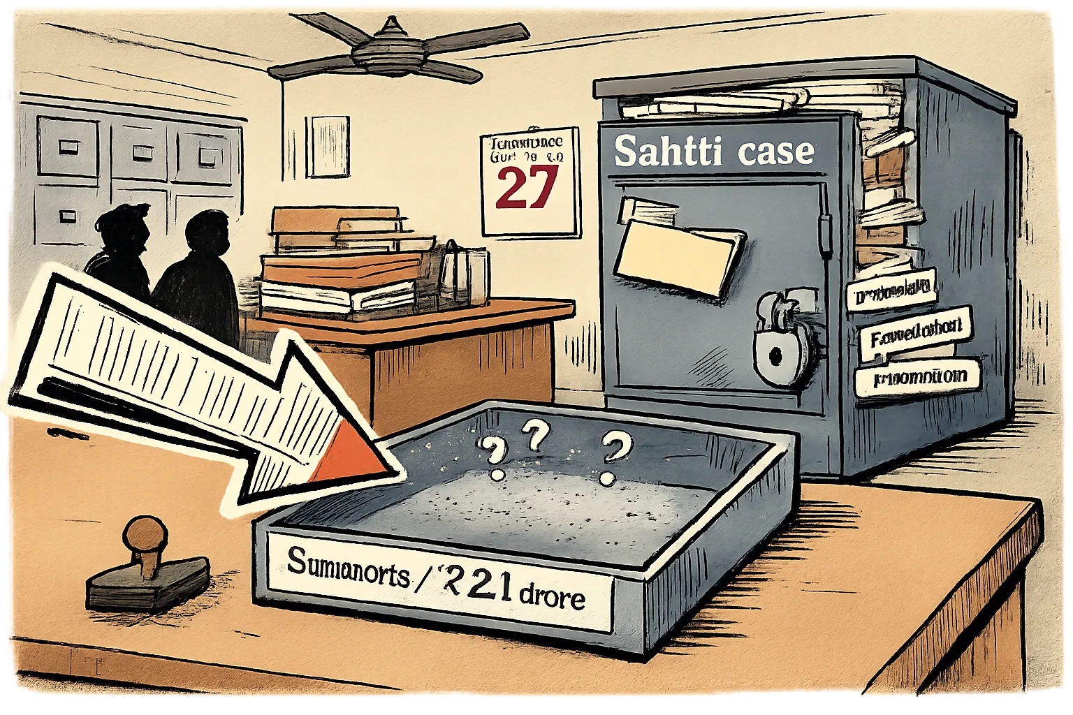 A cartoon records office shows a dramatic empty evidence tray labelled “summons / ₹2.1 crore” beside a locked case file cabinet and an unused rubber stamp.