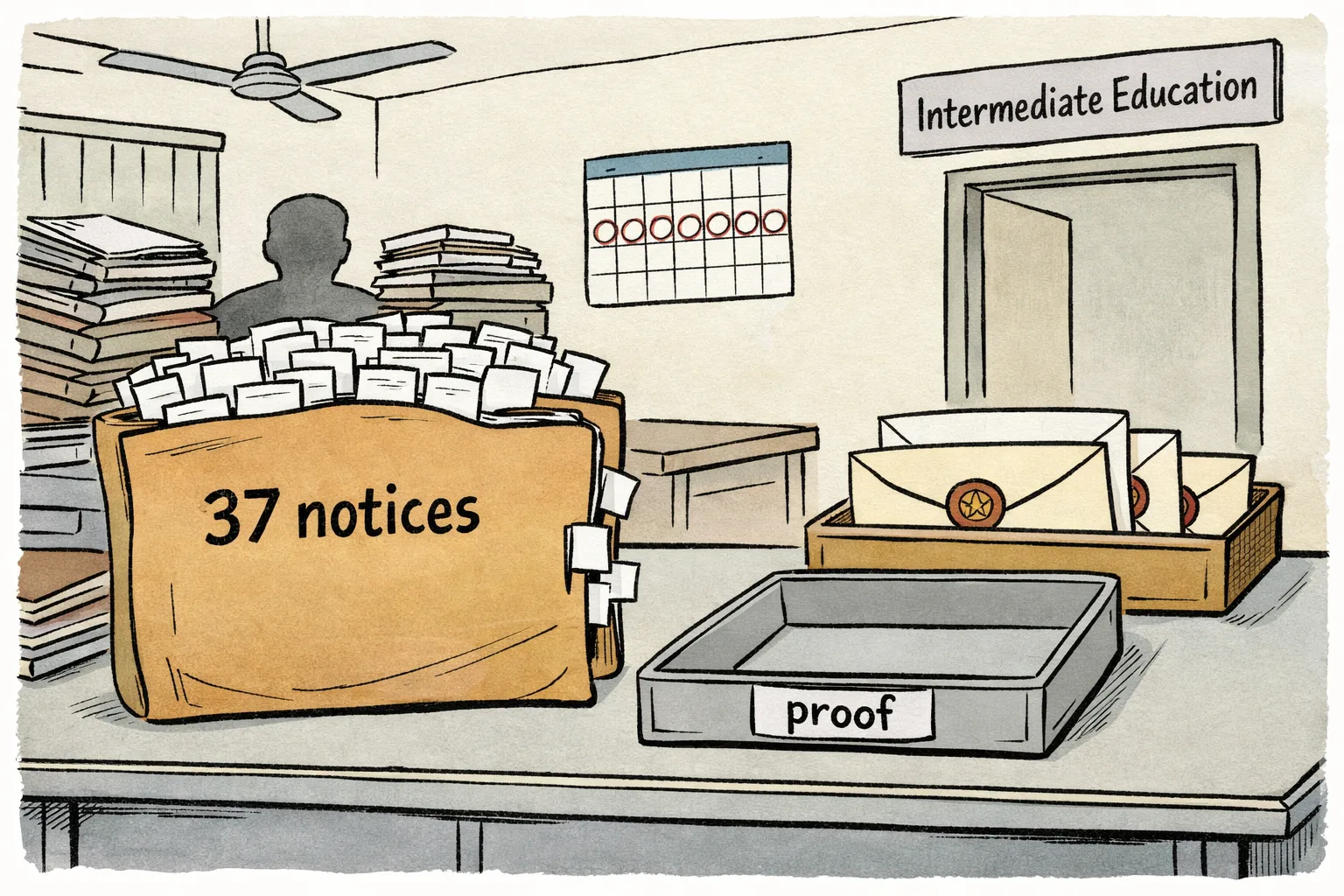 A Telangana education department desk holds a large folder marked "37 notices" beside an empty evidence tray, while sealed university envelopes sit unopened in the background and a seven-day calendar is visible on the wall.