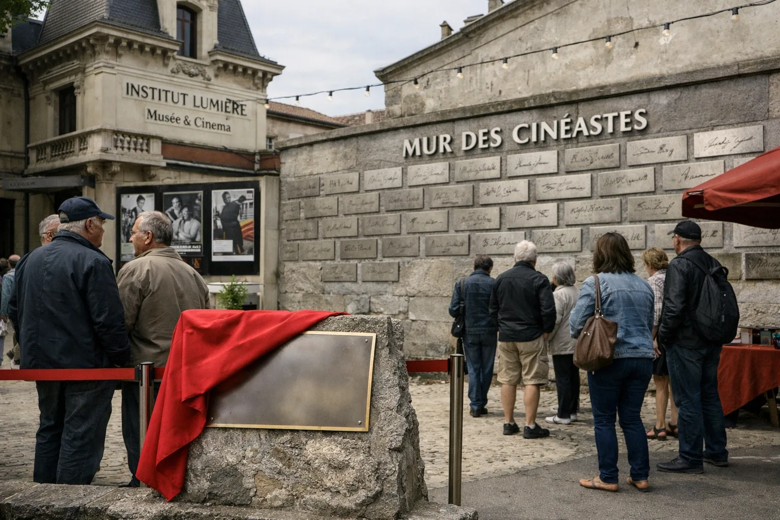 A photorealistic view of the Institut Lumière in Lyon with a red-clothed plaque on its commemorative wall, cinema posters and a small crowd outside.