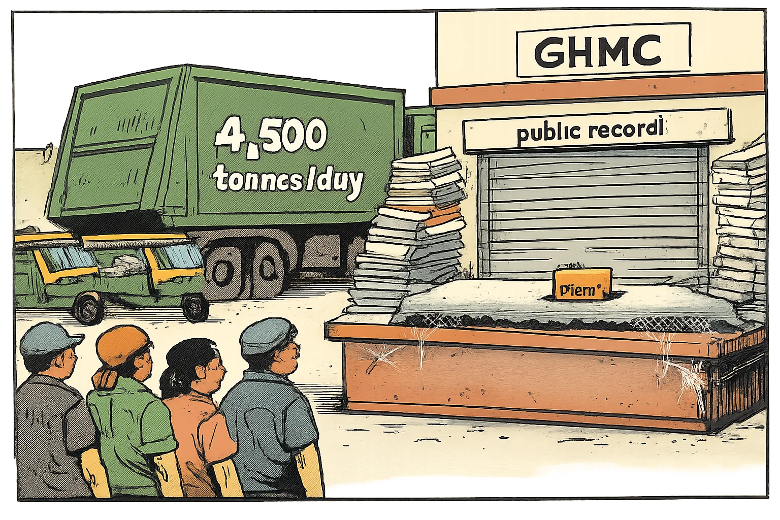 Sanitation workers stand beside garbage-collection vehicles outside a GHMC office, where a huge truck marked '4,500 tonnes/day' contrasts with a tiny dusty file labelled 'plan?' at a closed public-records counter.