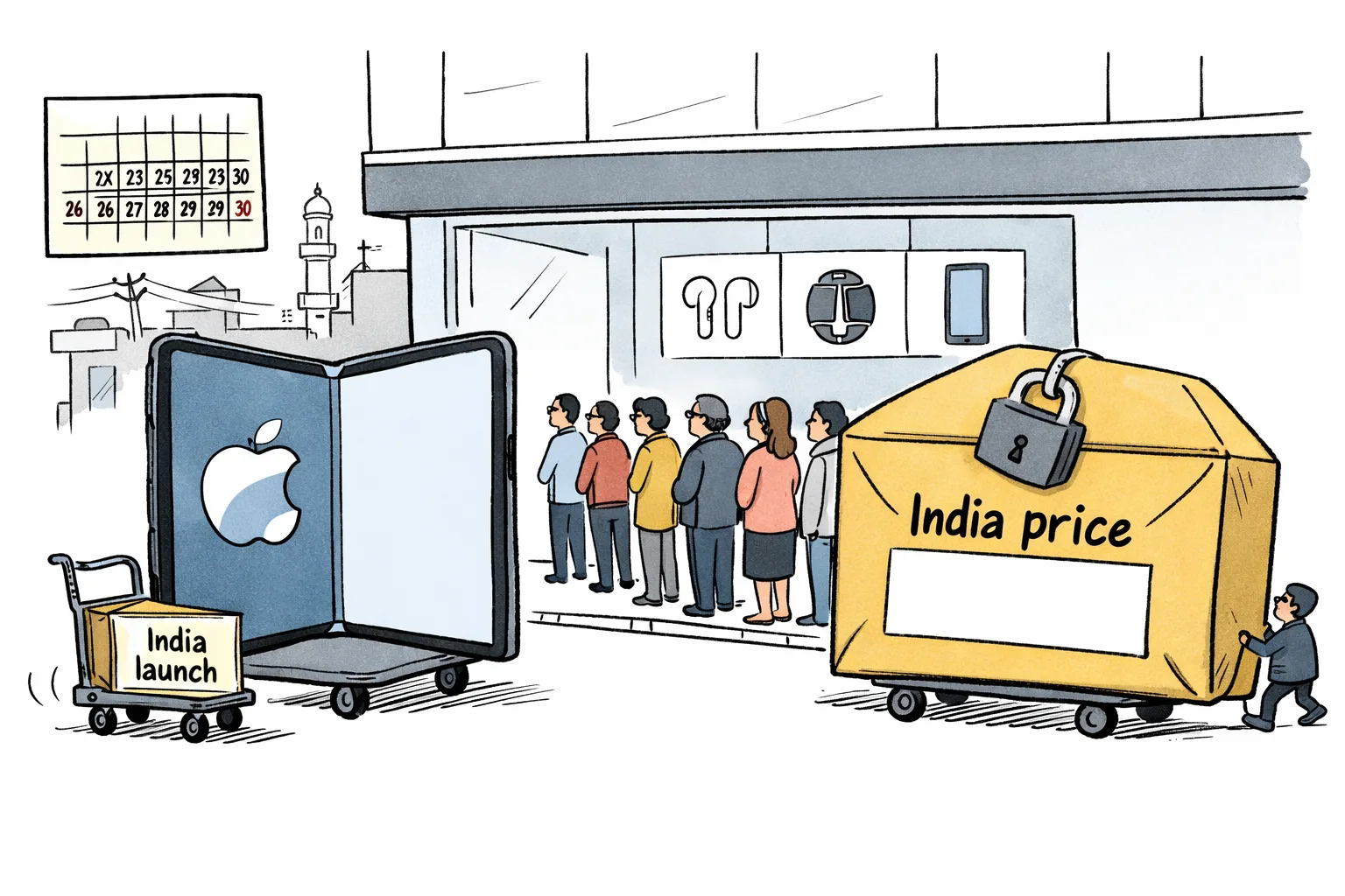 A giant foldable smartphone is displayed outside a technology shop while an oversized sealed envelope marked “India price” waits on a trolley beside it.