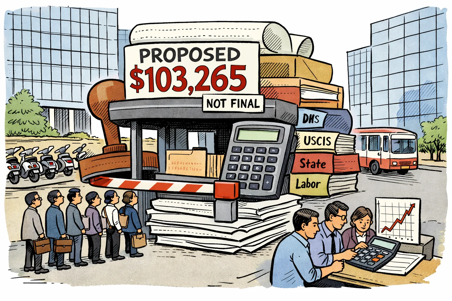A giant immigration toll booth marked “PROPOSED $103,265” blocks office workers outside a Hyderabad technology park, while a small team calculates the cost beside stacked agency files and fee slips.