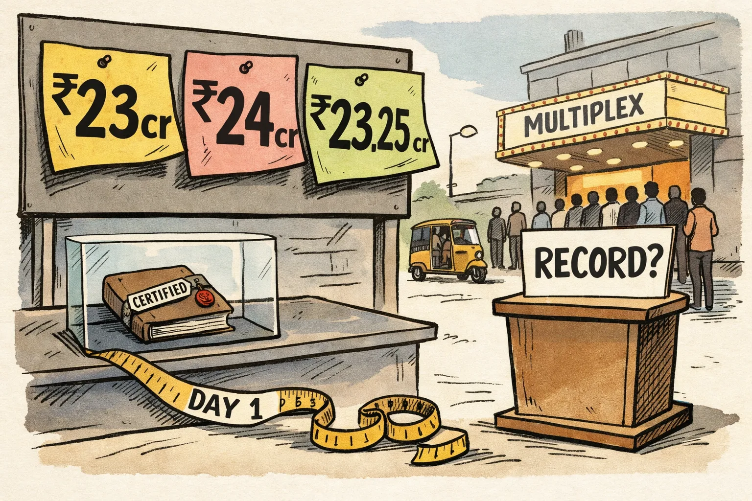A cartoon outside a Hyderabad multiplex shows mismatched opening-day box-office figures beside a small sealed certified ledger, while cinema-goers queue in the background.