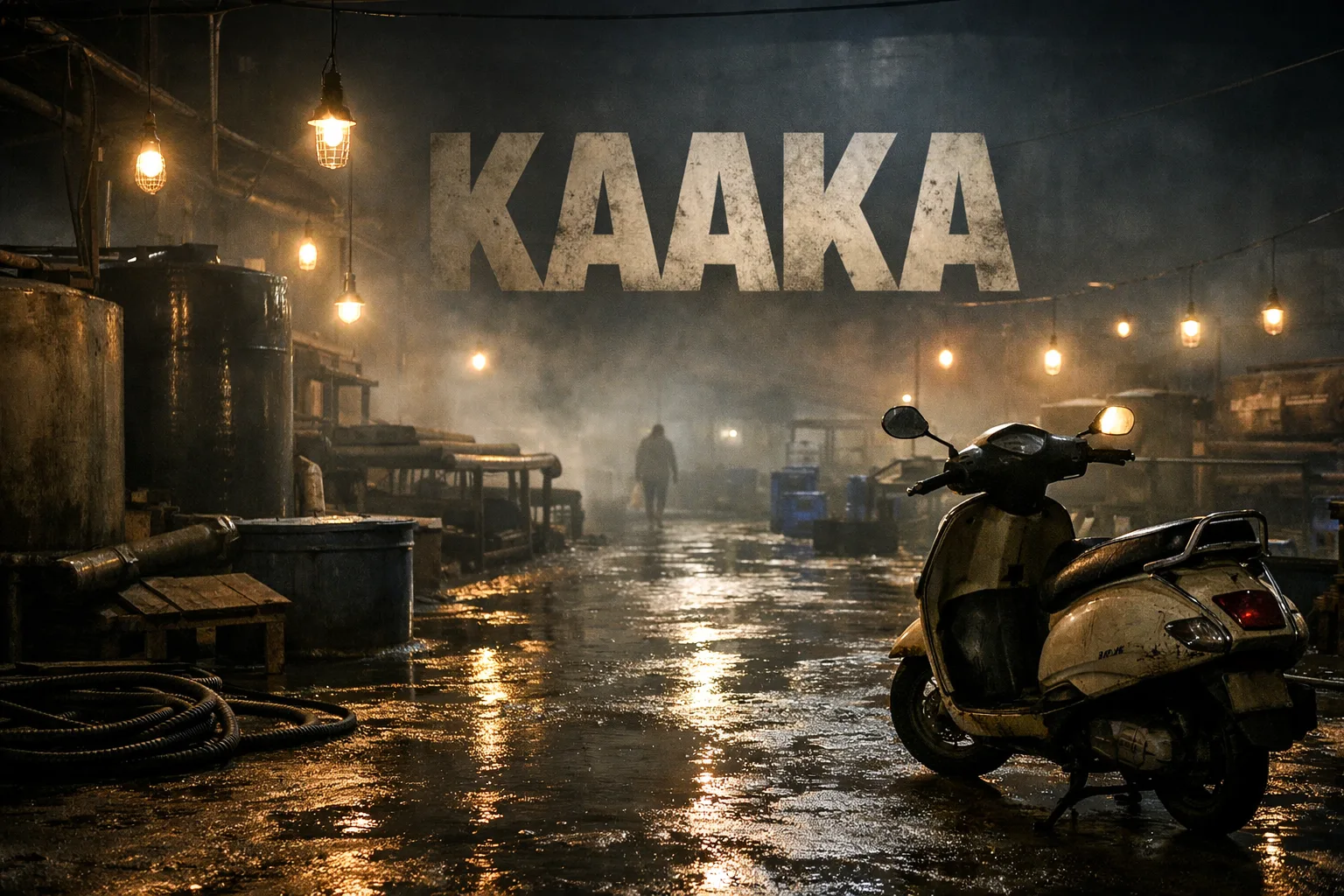 A moody photorealistic view of an aqua-processing yard with tanks, pipes, a scooter and industrial lights, composed like a Telugu film publicity still.