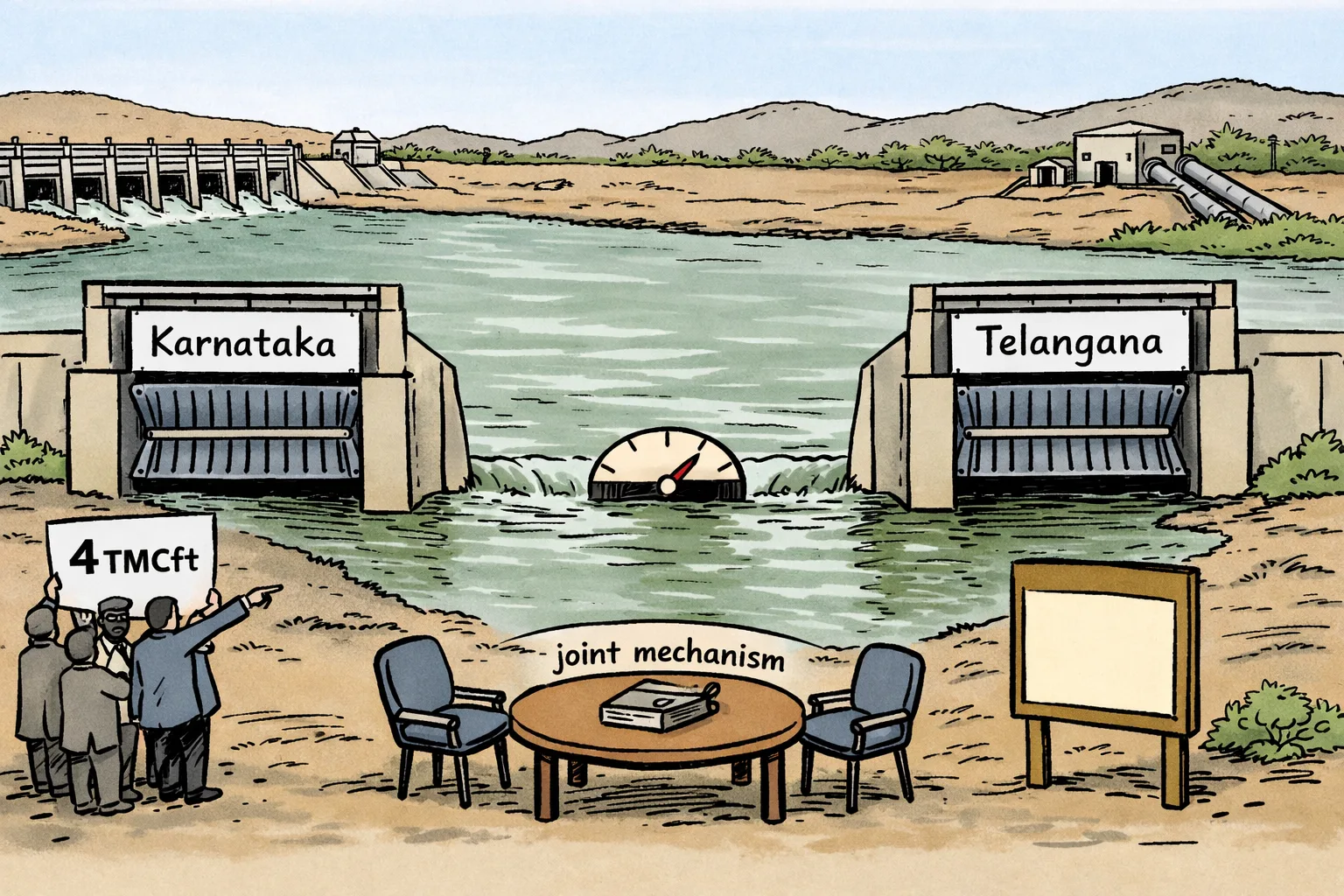 A cartoon river flows between two oversized dam gates while officials on opposite banks point at a water meter and a demand note marked 4 TMCft; a small joint-mechanism table sits unused in the background.