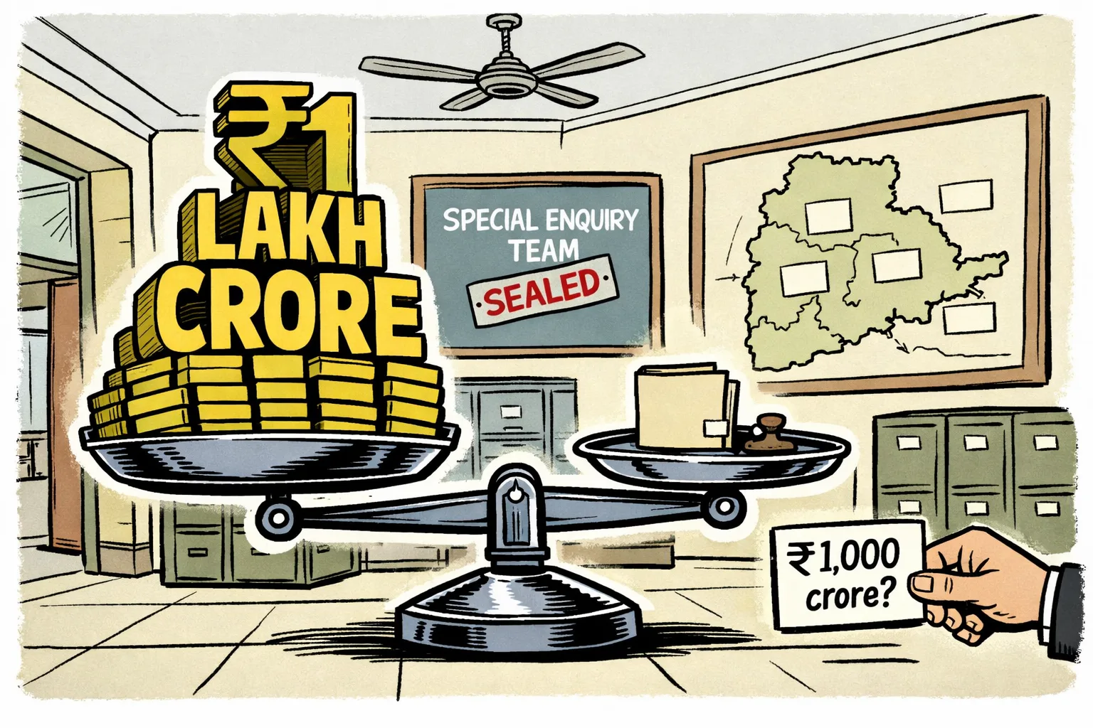 A giant scale in a Telangana government office balances a pile marked ₹1 lakh crore against a tiny empty file, while an anonymous hand offers a card marked ₹1,000 crore.