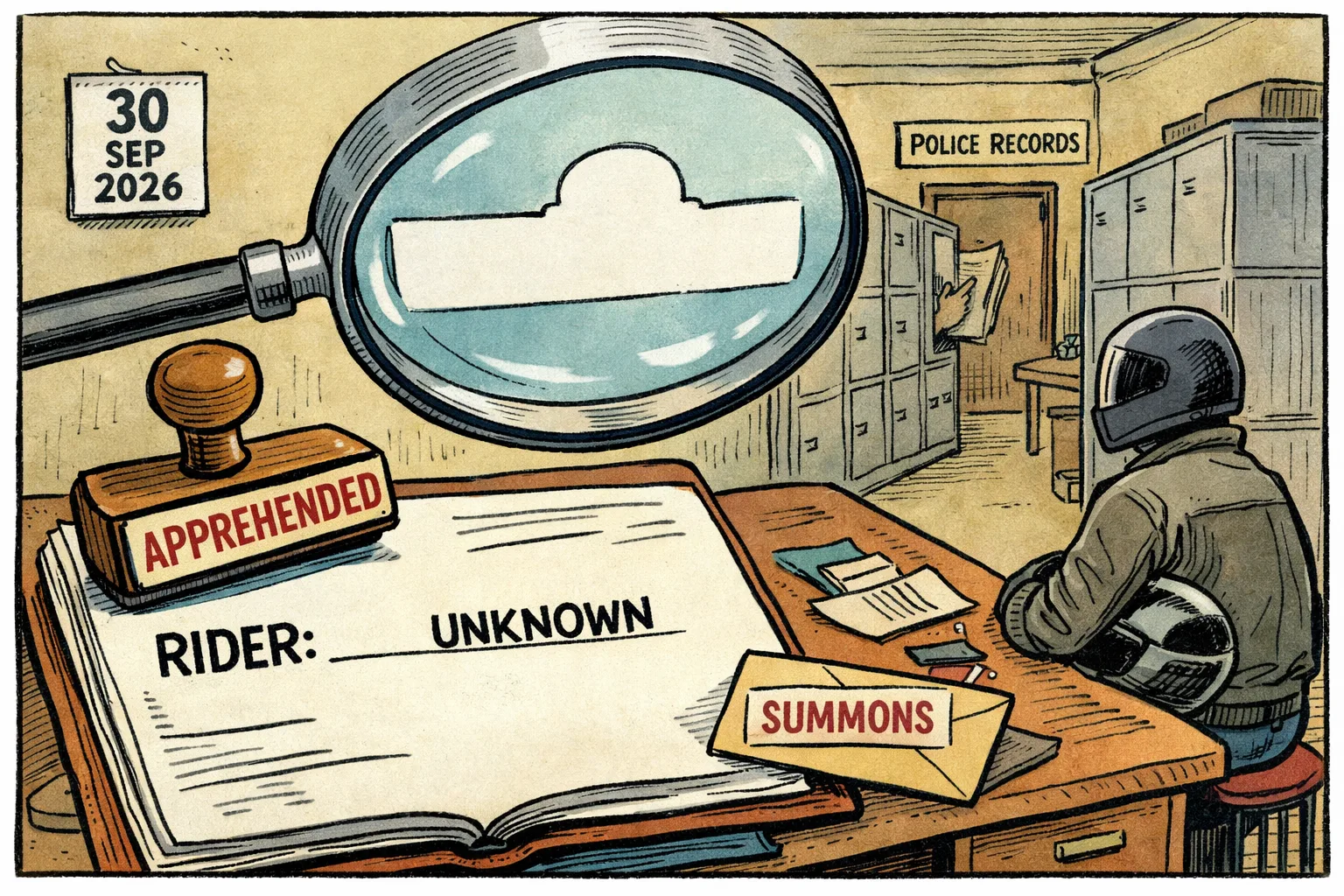 A motorcycle rider sits beside a police desk while a large FIR file labels the rider unknown; a Supreme Court magnifying glass points to the blank name line and a summons envelope lies on the desk.