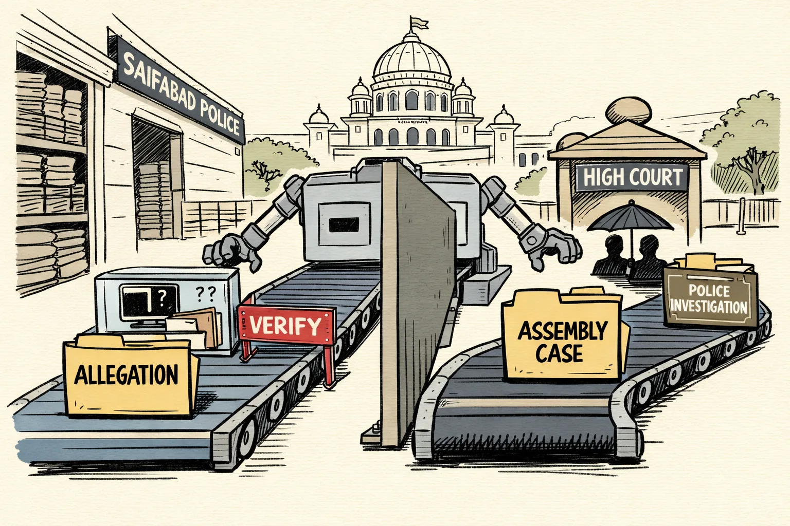 A satirical ink-and-colour cartoon shows two separate case files moving on parallel belts outside a Telangana police and government complex: an allegation file waits behind a verification barrier while an Assembly case file moves under a High Court protective umbrella.