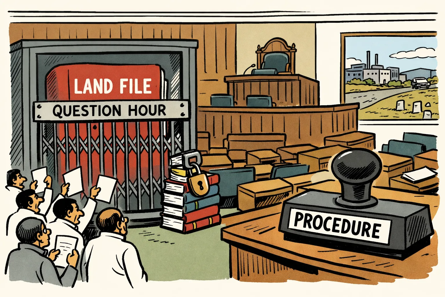 A Telangana Legislative Council chamber shows a locked cabinet containing a folder marked “LAND FILE”, separated from legislators by a gate marked “PROCEDURE” and a large rubber stamp.