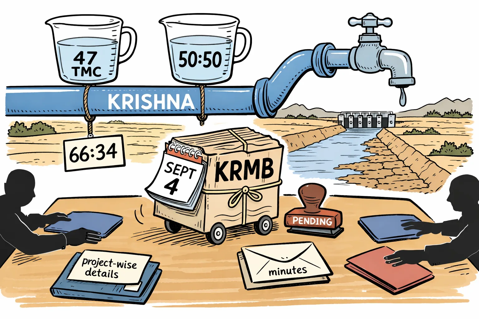 A giant pipe labelled Krishna hangs over a nearly dry irrigation canal while competing water-share cards, a sealed minutes envelope and a huge KRMB file rolling toward a September 4 calendar page fill a meeting-room table.