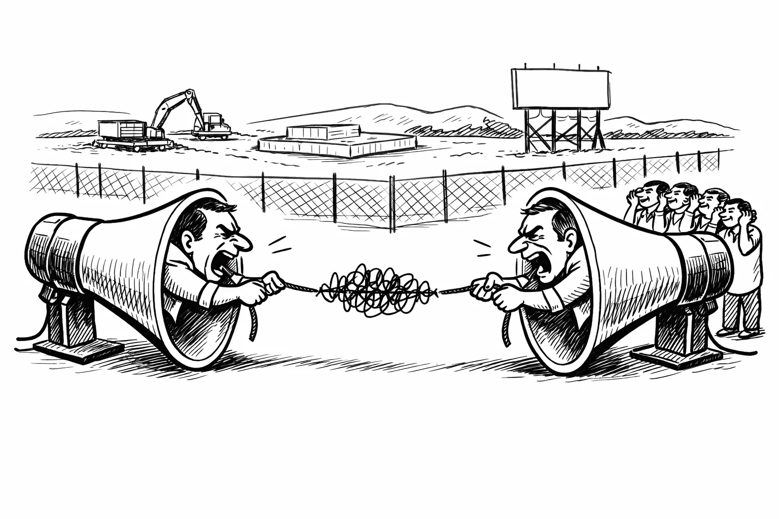 Two giant loudspeakers pull against each other over a tiny tangled audio waveform while a small crowd watches beside an empty fenced construction site with a lone foundation.