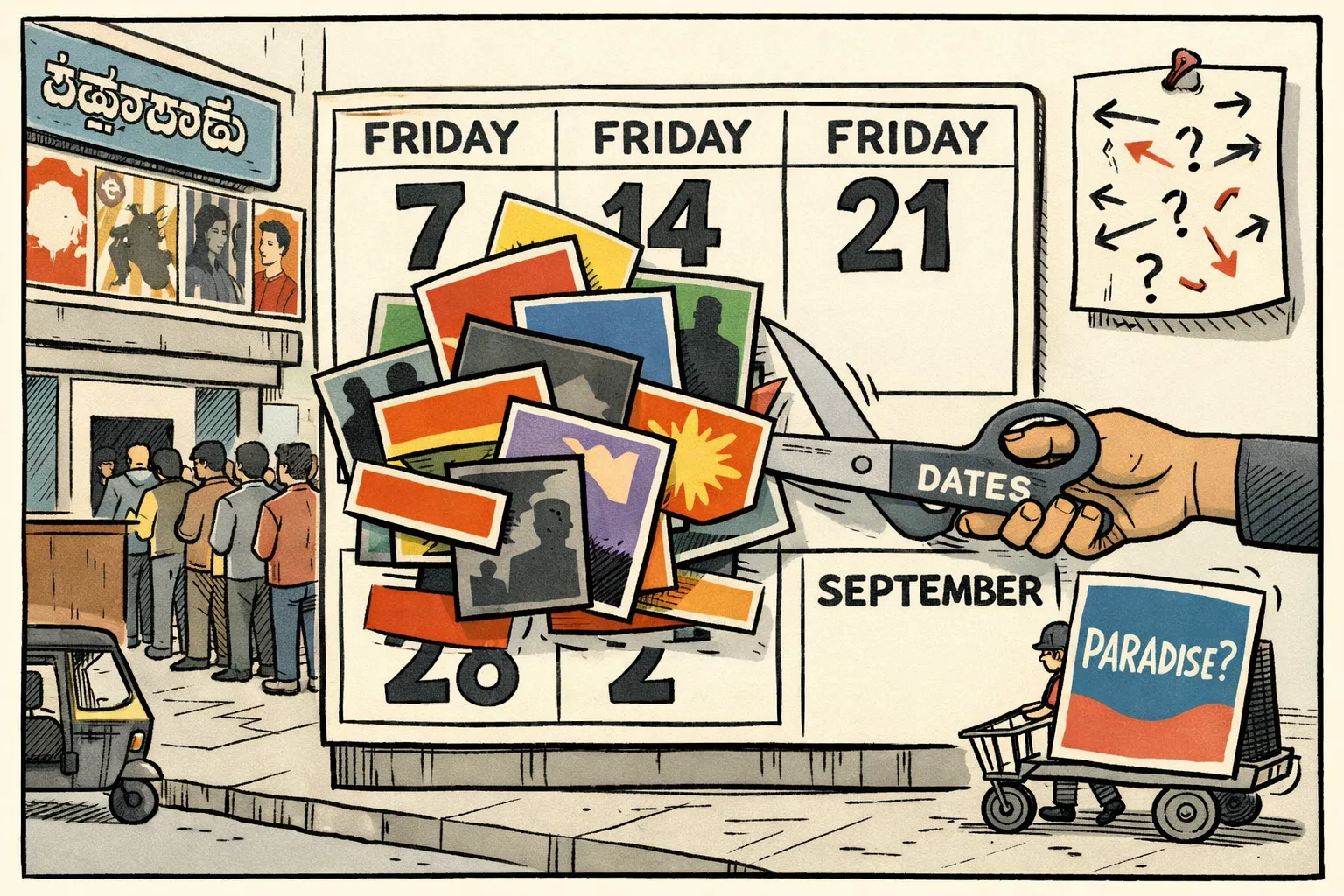 A crowded August cinema calendar is pinned to a Hyderabad theatre wall, with film posters competing for four Friday slots while a separate Paradise card is moved to September.