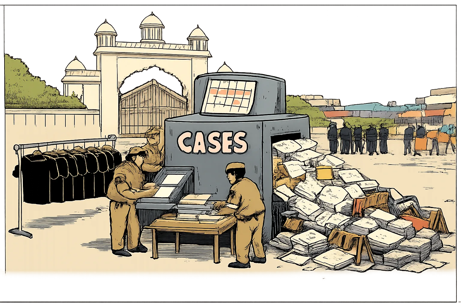 A row of black T-shirts outside the Telangana Assembly feeds into a large machine marked Cases, which ejects police files and barricades while calendar pages and distant town protests appear behind it.